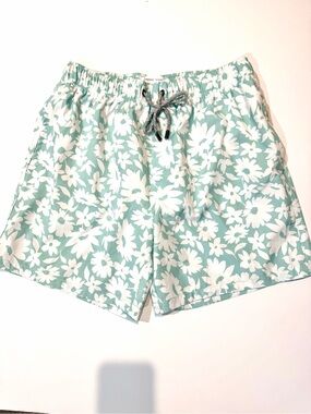 Vintage Summer Men's Floral Elastic-Waist Swim Shorts - Mint/White Medium